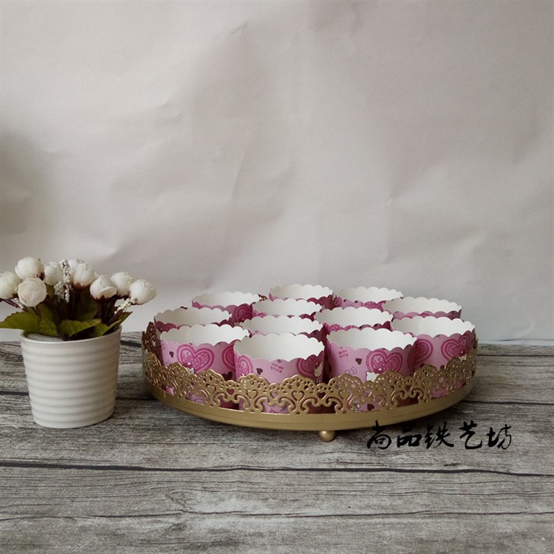 婚庆甜品台蛋糕托盘 铁艺蕾丝边杯子布丁盘子 茶歇圆形饼干点心盘