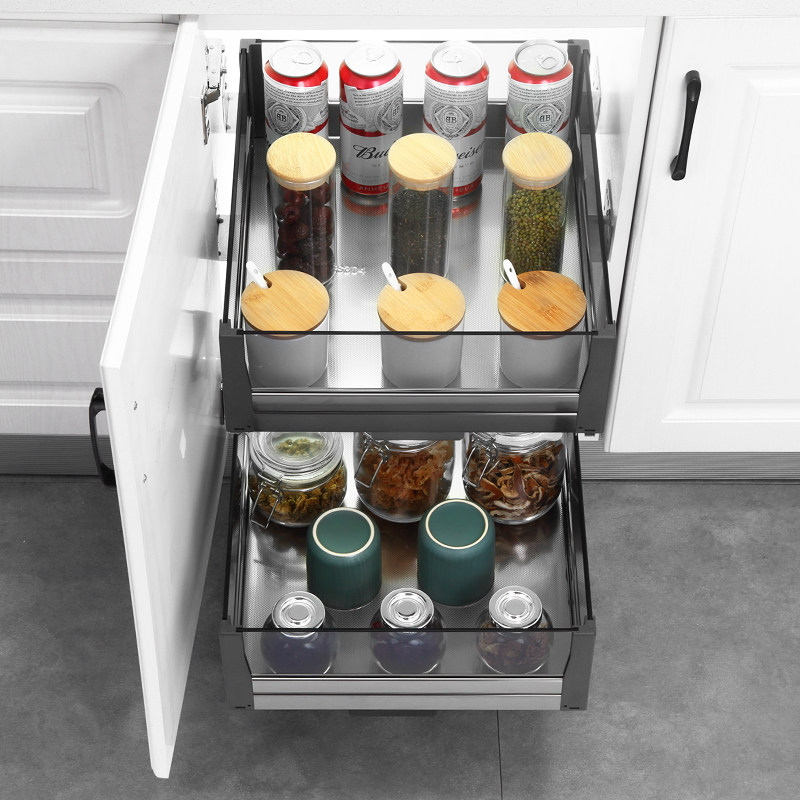 拉篮厨房橱柜调味篮架304不锈钢窄柜工具篮玻璃调料置物架抽屉式