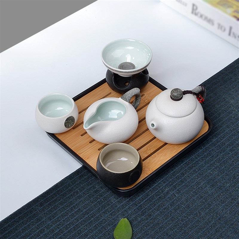 整套家用办公白瓷日式粗陶茶具功夫茶托小套装一壶两杯过滤杯单人