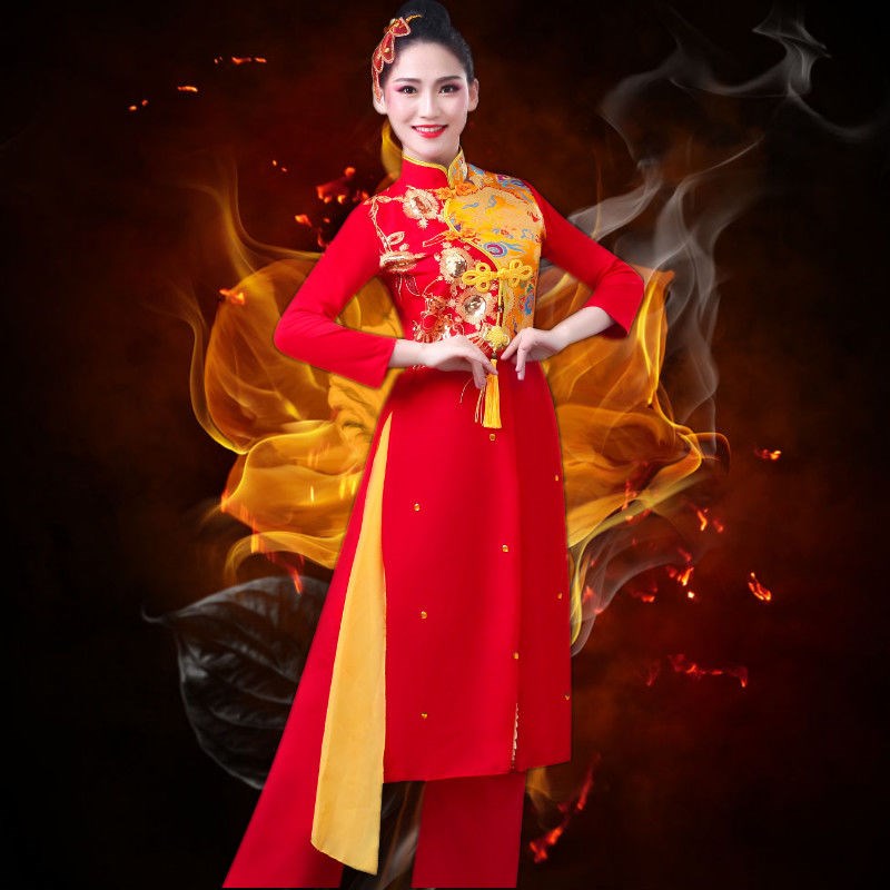 成人打鼓演出服中国风女喜庆锣鼓表演服红民族舞蹈秧歌服腰鼓服装