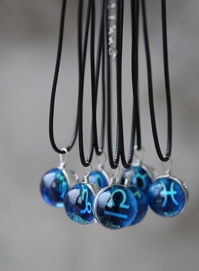 夜光吊坠欧美十二星座宝石守护女情侣礼物防水晶球黑绳项链