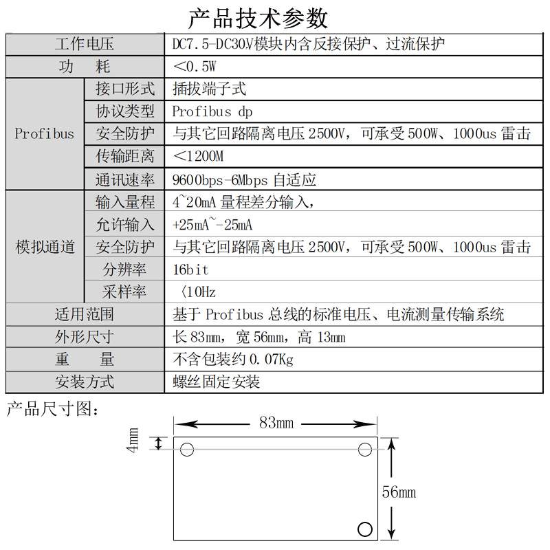 模拟量输入采集模块4-20ma转profibus-dp直流10V5V电流.电压采集