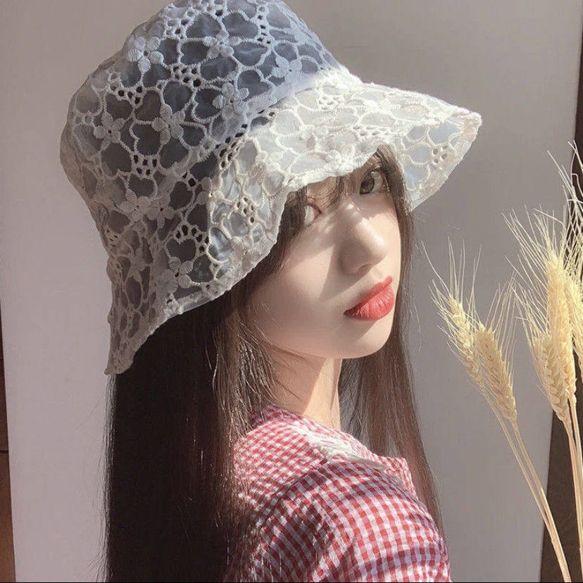 新款帽子女韩版夏天蕾丝花朵渔夫帽时尚百搭显气质遮阳镂空盆帽潮