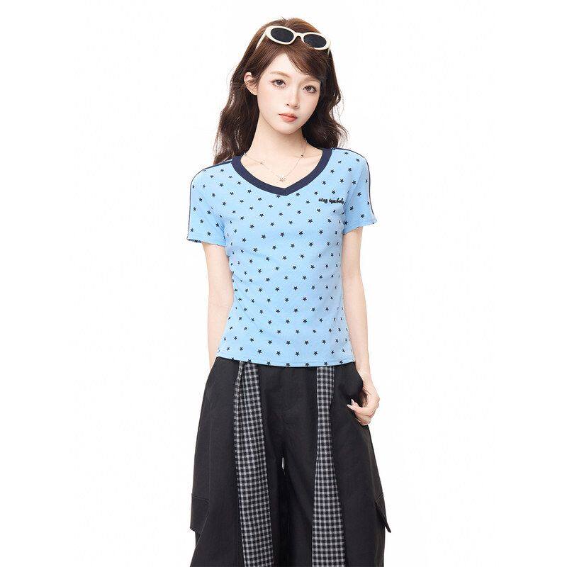 韩版蓝色波点印花正肩圆领短袖T恤女装2026夏季新款修身收腰上衣