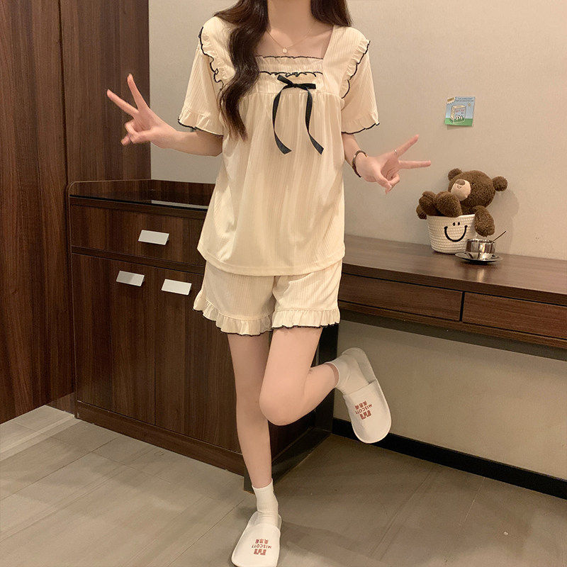 短袖睡衣女夏款网红风女士夏季2026新款宽松宫廷杏色两件式套装夏