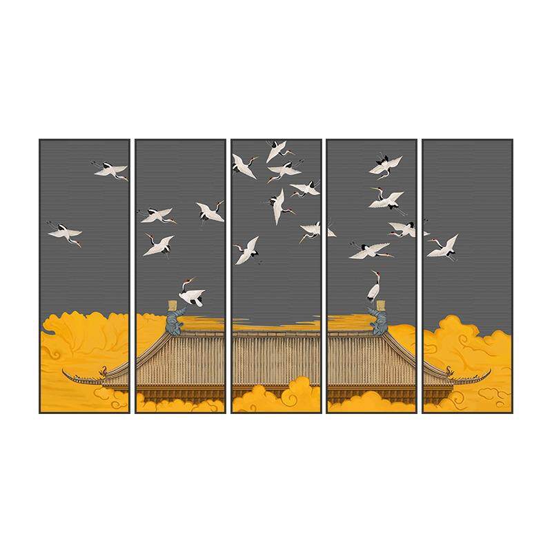 新中式山水装饰画客厅四联画条屏画茶室书房酒店大堂挂画瑞鹤图