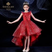 女童礼服裙儿童公主裙花童婚纱红色模特走秀主持人钢琴表演演出服