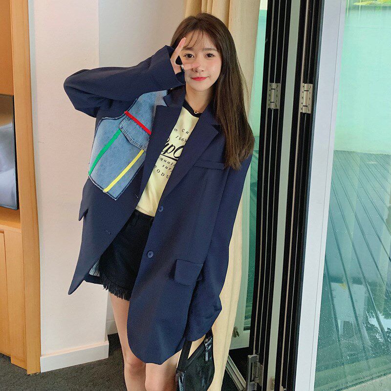 速发小西装外套女202p3春秋新款小西服休闲牛仔拼接小个子设计感