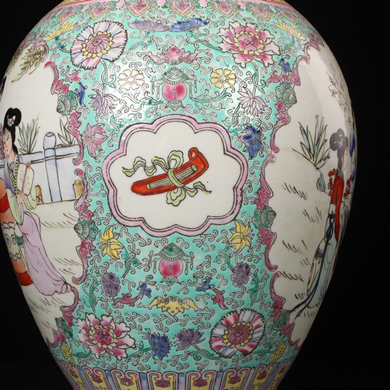 极速艺术瓷厂粉彩双耳开坛仕女图花瓶 仿古中式家居摆件摆设工艺