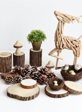 森系藤草编鸟窝鸟蛋仿真拍照道具木片树桩松果花园艺装饰素材摆件