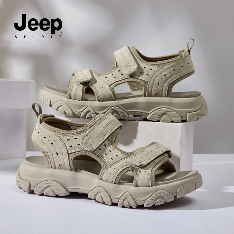 jeep男鞋2025新款夏季青少年运动凉鞋真皮男士开车防滑防臭沙滩鞋