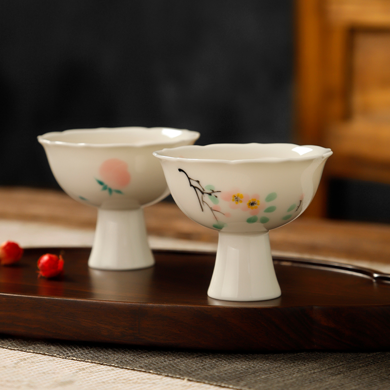 白瓷手绘高脚杯创意花口主人杯陶瓷功夫茶杯品茗杯女士家用单杯子