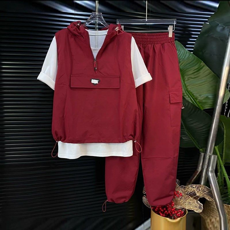 速发T肥连帽拉链套头马甲加恤衫松紧腰长裤春秋款件闲三休套,女装/女士精品,大码套装,淘宝优惠券,粉丝福利购,淘宝优惠卷