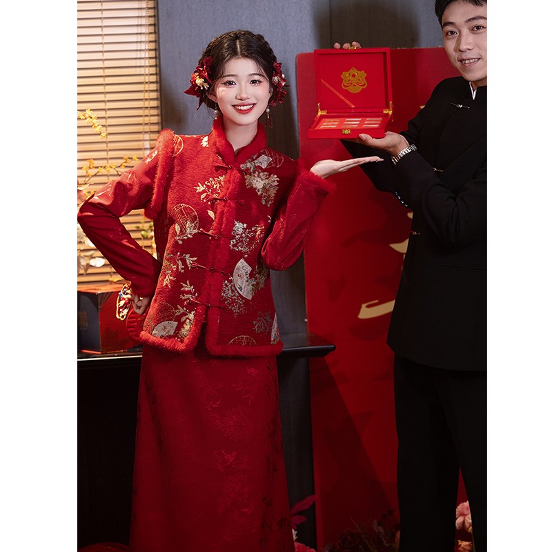速发新红式中色旗袍敬酒服新娘年礼服/晚装