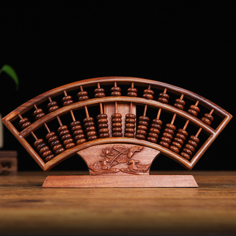 速发红木算盘 红贵宝实木质珠算算 老式心盘木雕件摆 带底座算盘