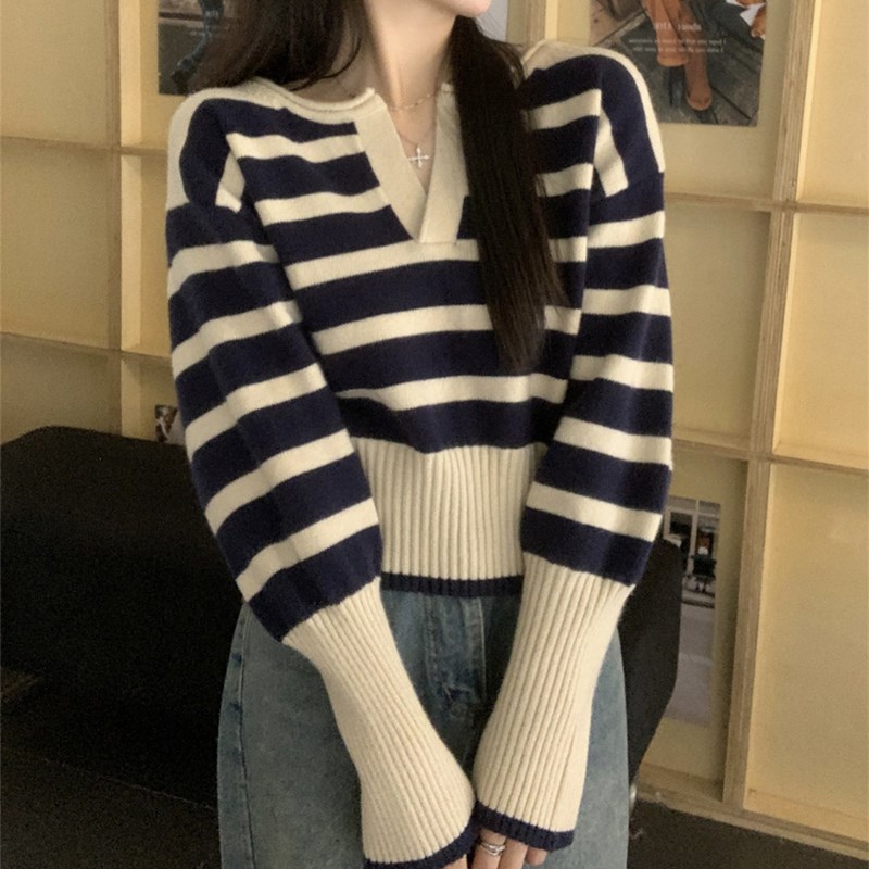 速发韩版休闲半开领毛衣外搭春秋新款条纹感计设针织内搭打底衫上