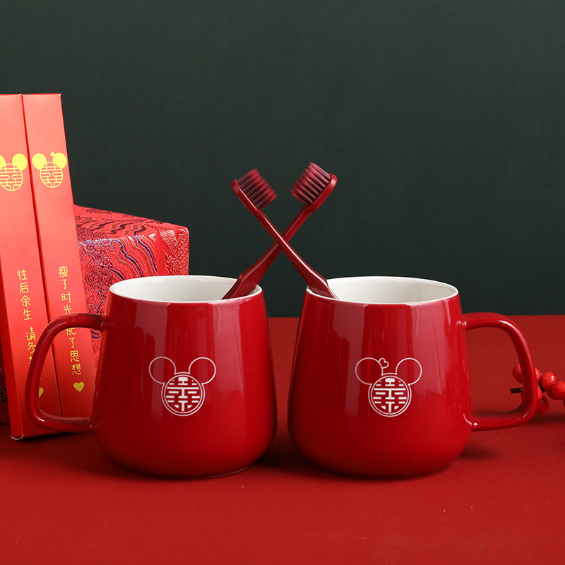 婚庆陶瓷牙缸情侣刷牙杯漱口杯结婚牙刷杯子套装陪嫁洗漱杯一对红