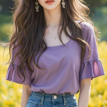 法式紫色雪纺上衣女2025新款夏季轻奢高级感小众独特别致短袖t恤
