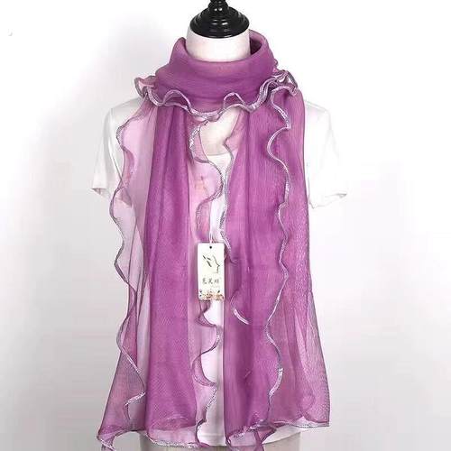 围巾女荷叶边亮丝纯色蕾丝丝巾时尚百搭女士红色民族风洋气薄款