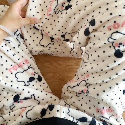 珊瑚绒睡裤女秋冬季长裤加绒加厚单件裤子大码可外穿法兰绒家居裤