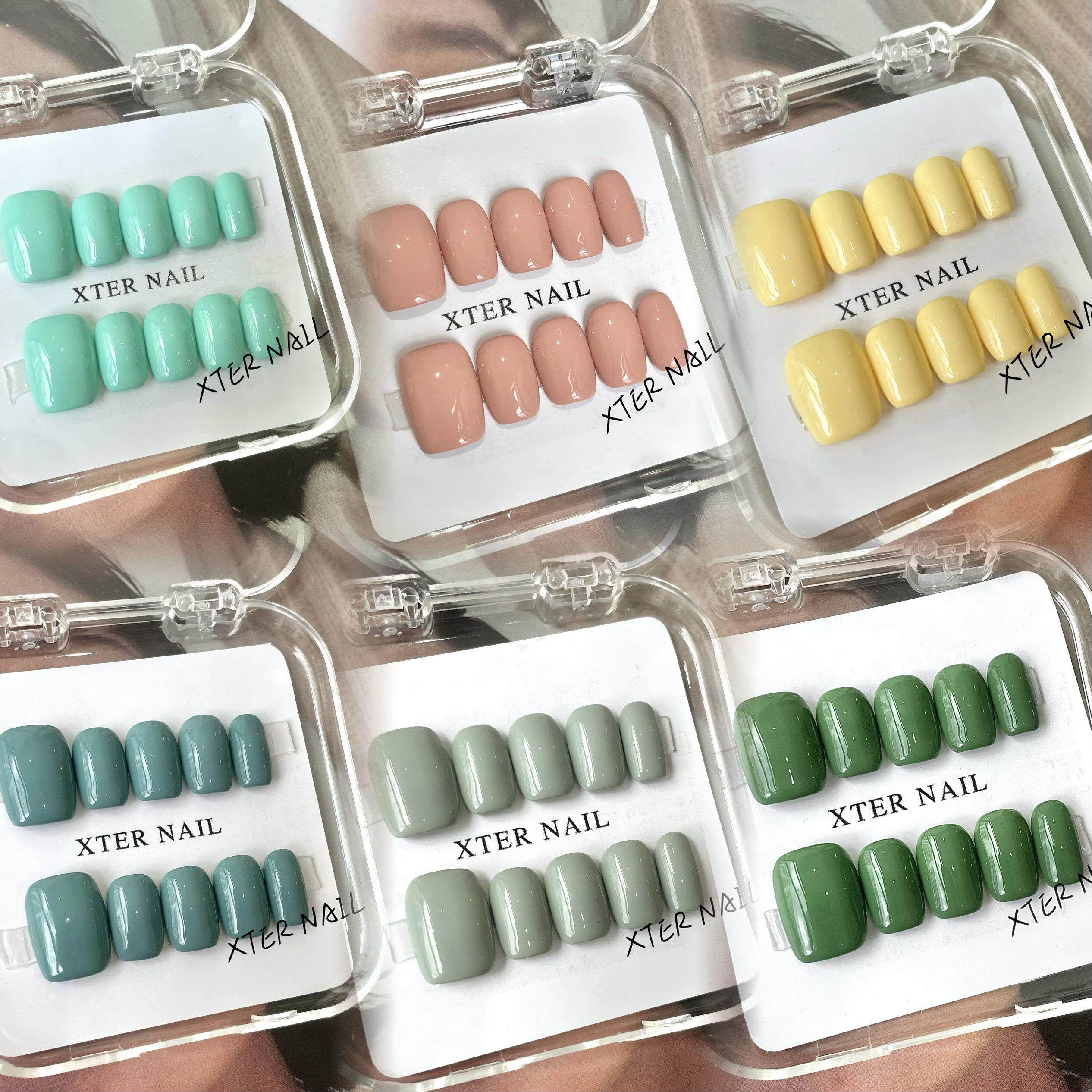 纯手工穿戴甲薄荷蓝裸粉绿色美甲成品假指甲贴片单色显白指甲甲片
