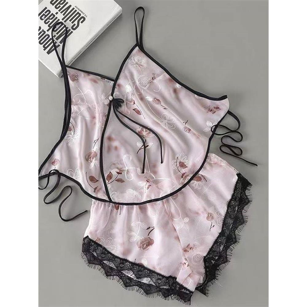 加大码夏季新款国风冰丝肚兜蕾丝性感清凉舒适露背短裤薄睡衣套装