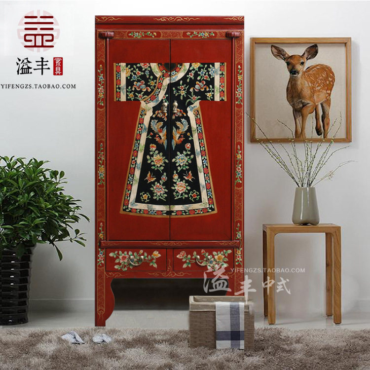 中式仿古典家具实木彩绘衣柜手绘复古玄关柜客厅装饰混搭储物书柜