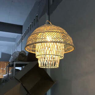 中式饭店阳台日式灯笼榻榻米灯具藤编吊灯蘑菇造型三层罩铁艺吊灯