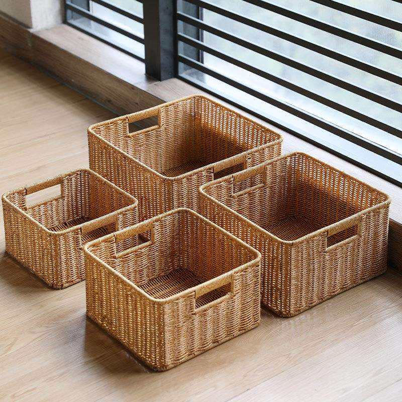 客厅橱柜置物篮电视柜格子收纳筐塑料藤编茶几杂物整理篮正方形