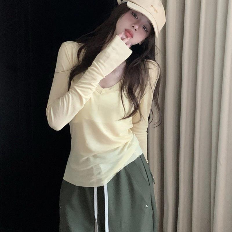 慵懒风微透薄款罩衫休闲V领长袖T恤女夏小众宽松显瘦外穿防晒上衣