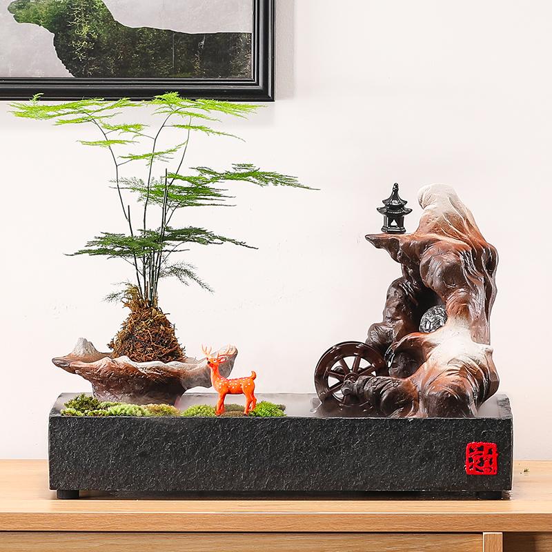 假山喷泉流水摆件循环水车电视柜茶台桌面文竹绿植水景观造景饰品