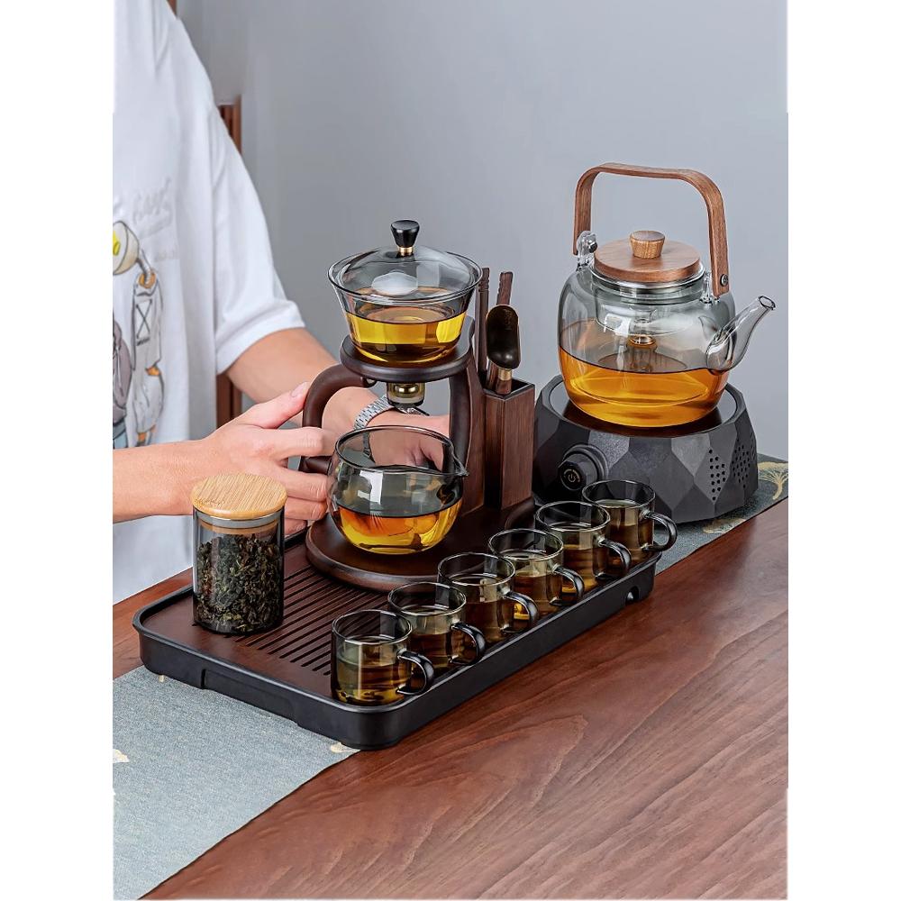 高端轻奢自动茶具套装2024新款水晶玻璃一整套一体泡茶壶茶杯高档