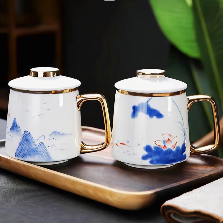 景德镇陶瓷水杯国风办公杯带盖茶杯茶水分离过滤杯子套装礼盒中式
