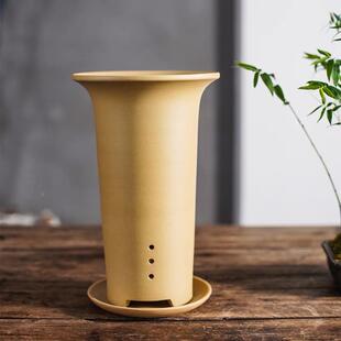 宜兴紫砂兰花盆细高圆形大号精品古典素面建虎皮兰花专用盆带托盘