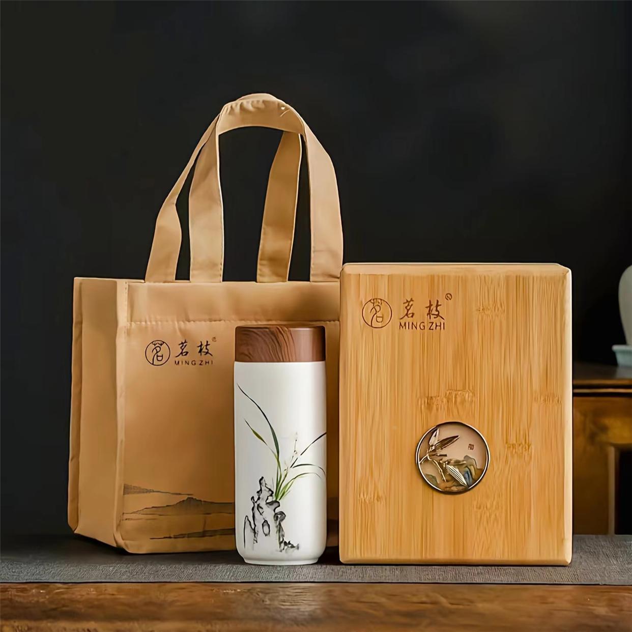 茗枝羊脂玉瓷水杯陶瓷内胆保温杯手绘带盖陶瓷茶杯景德镇礼品杯子
