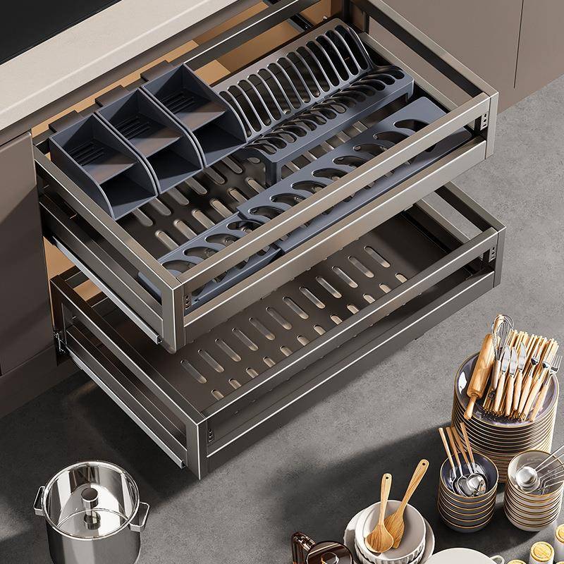 拉篮厨房橱柜轻奢不锈钢双层抽屉式碗架收纳调味内置橱柜碗篮