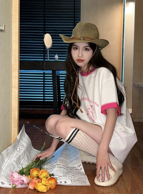 潮牌美式高街撞色少女感印花短袖T恤女2024夏季新款宽松百搭上衣