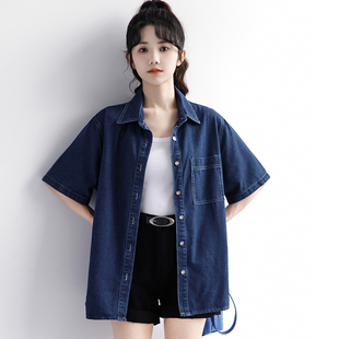 衬衣休闲学生上衣 韩国2025夏季 新款 复古港风牛仔衬衫 女夏蓝色短袖