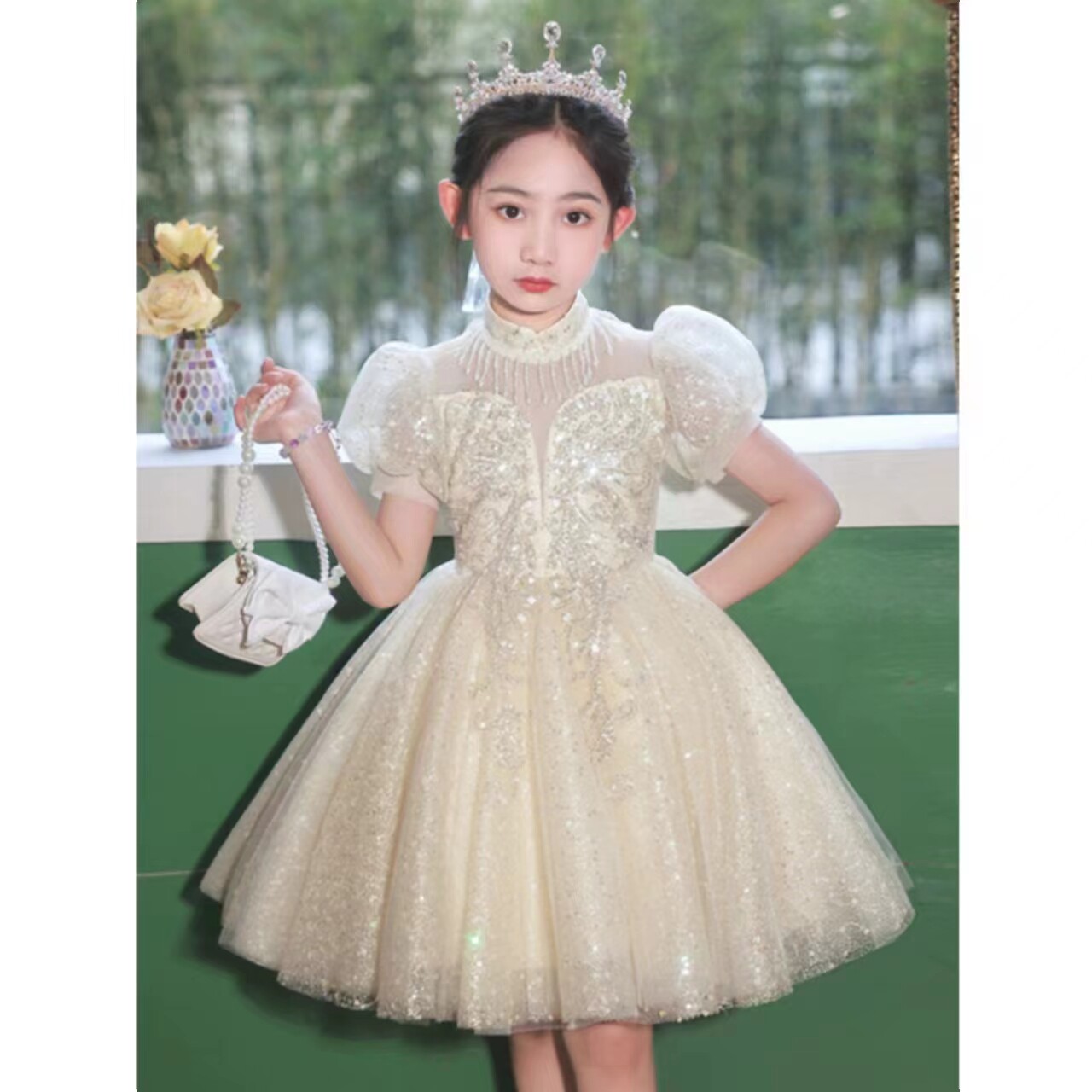 韩国女童公主裙高端礼服2024儿童夏季连衣裙小女孩洋气蓬蓬纱裙子