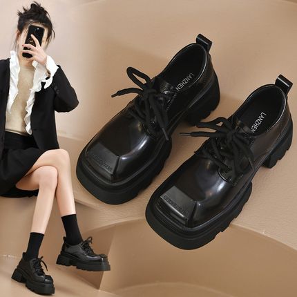 明星韩版金属方头乐福鞋女2025早春新款厚底单鞋法式英伦风小皮鞋