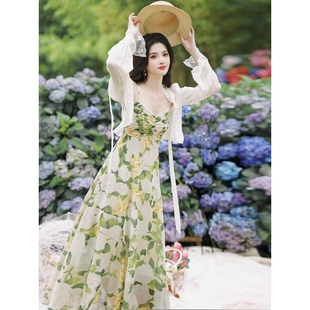 潮牌法式 甜美气质长裙子 小清新雪纺吊带碎花连衣裙女2024夏季 新款