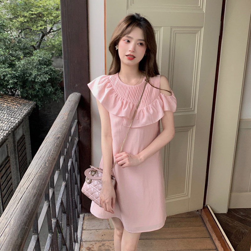 韩国2025新款粉色甜美露肩连衣裙女夏显瘦小个子温柔风气质雪纺裙
