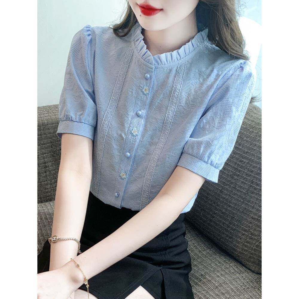 香港TIMO夏季2024年时尚薄款纯棉衬衫女洋气全棉提花立领上衣短袖