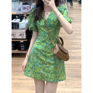 甜美泡泡袖 欧洲站夏季 法式 女装 V领短裙子绿色碎花连衣裙 2025新款