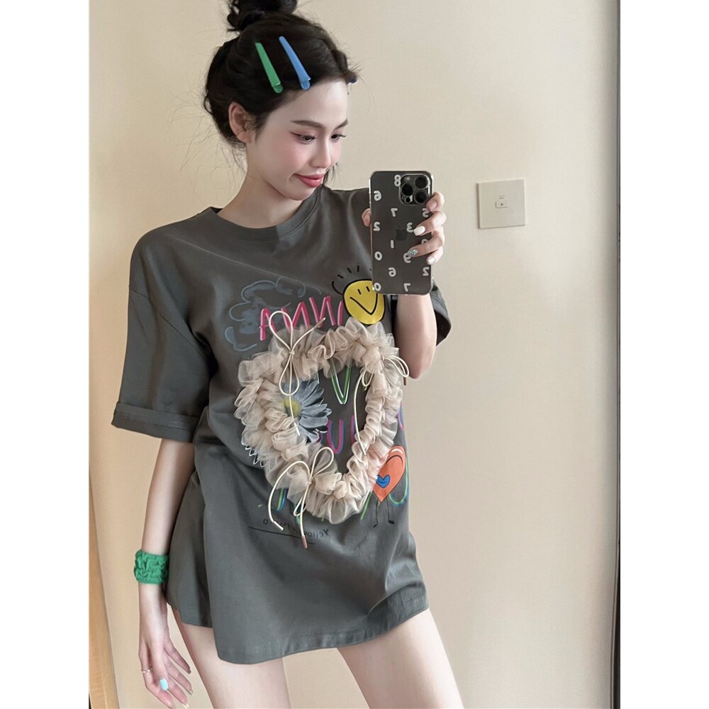 潮牌美式复古重工爱心网纱短袖t恤女夏季宽松大码休闲中长款上衣