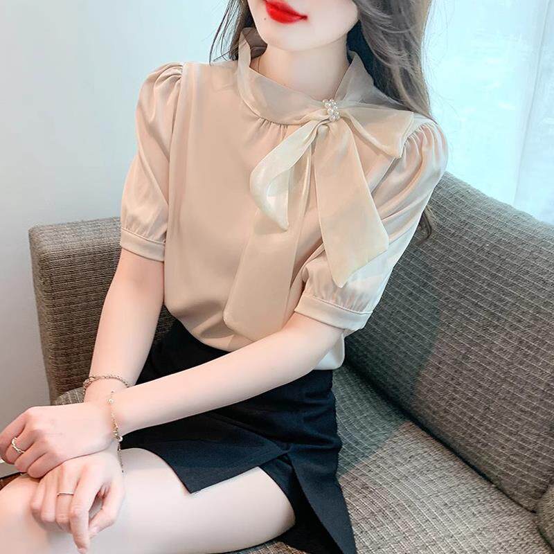 高级感钉珠蝴蝶结短袖衬衫女士夏季2025新款雪纺衫爆款气质上衣潮