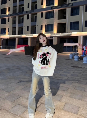 潮牌美式复古卡通印花插肩袖T恤女2024夏季新款宽松百搭休闲上衣