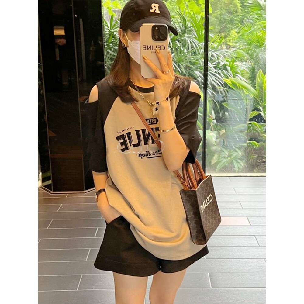 潮牌设计感小众独特别致插肩袖t恤女2024夏季新款中长款露肩上衣