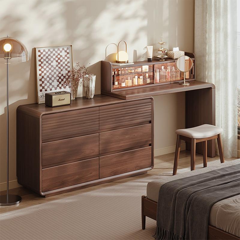 实木梳妆台斗柜一体25新款卧室现代化妆桌置物架中古风床尾收纳柜