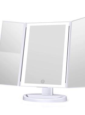 亚马逊产品三色灯光led化妆镜带2X3XUSB双电三折化妆镜带灯